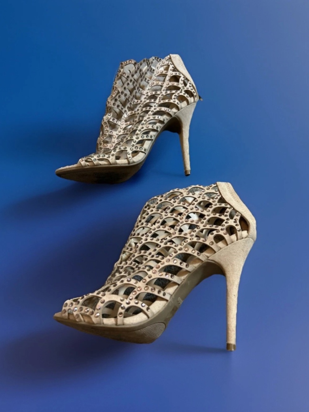 Zigi Soho Drift Beige Rhinestone Cage Style Peep Toe Stiletto Ankle Booties 8
